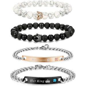 4 Pcs Couples Bracelet for Men Women His & Her Crown Queen Bracelets Set 8mm